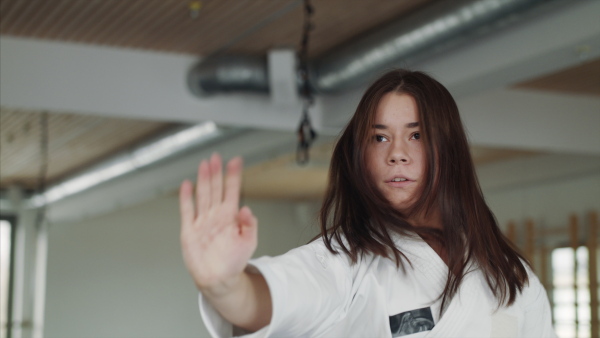 Front view of young woman practising karate indoors in gym.