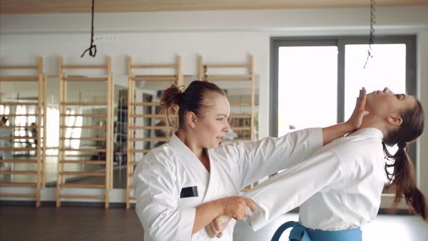 A group of young women practising karate indoors in gym.