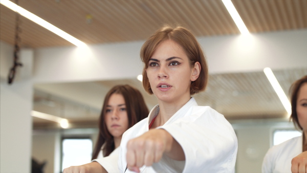 A group of young women practising karate indoors in gym.