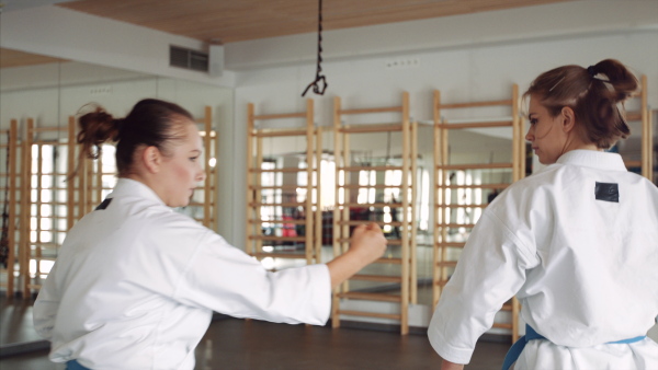 Two young women practising karate indoors in gym.