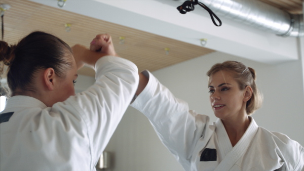 Two young women practising karate indoors in gym.