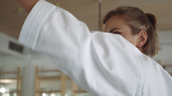 Two young women practising karate indoors in gym.