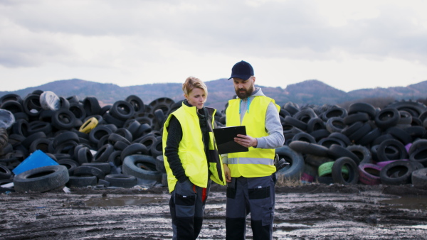 Man and woman workers working on landfill, waste management and environmental concept.