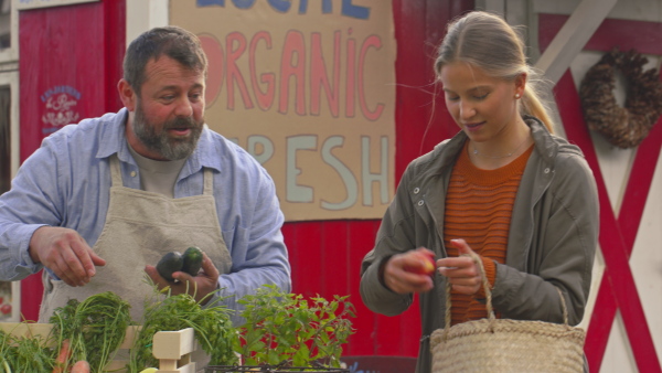 A young woman buying fresh vegetables on farm market. Community farming concept.