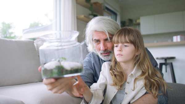 Father with gray hair having fun with his daughter at home.