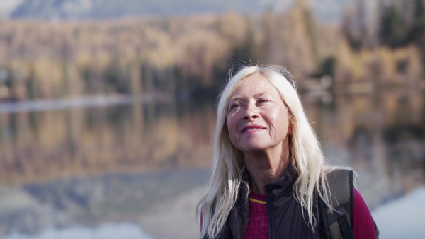 Attractive active senior woman standing outdoors in nature, hiking.