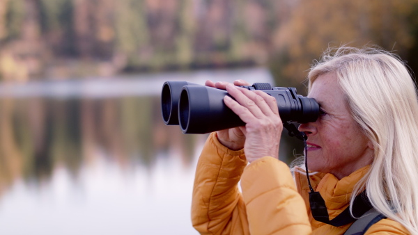 An active senior woman hiker with binoculars standing outdoors in nature. Slow motion.