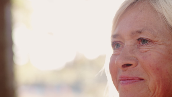 Close-up portrait of senior woman hiker standing outdoors in nature.