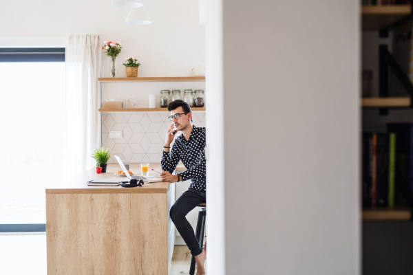 Young man with laptop and smartphone sitting in kitchen, working. A home office concept.