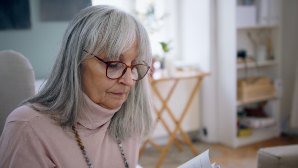 Senior therapist making notes and looking at camera indoors, mental health concept.