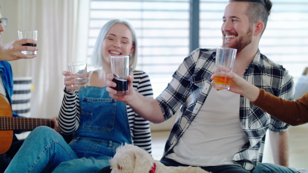 Group of cheerful young people clinking glasses in new home, house sharing concept.