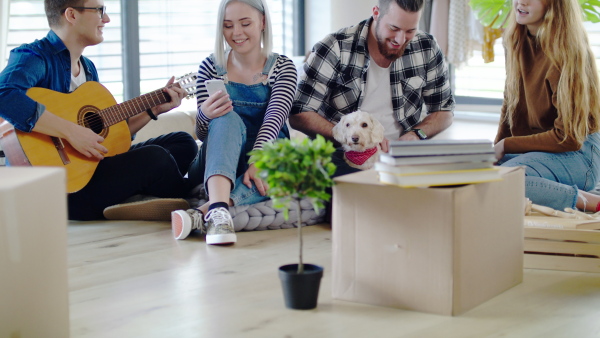 Group of cheerful young people with guitar and dog moving in new home, house sharing concept.