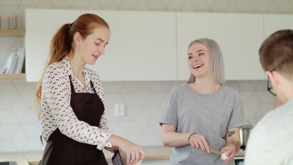 Group of young people cooking together at home, house sharing concept.