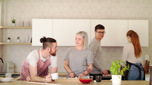 Group of young people cooking together at home, house sharing concept.