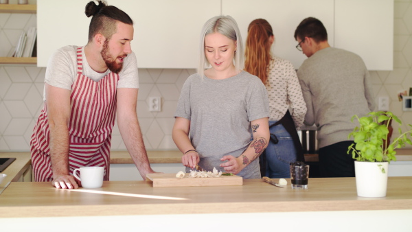 Group of young people cooking together at home, house sharing concept.