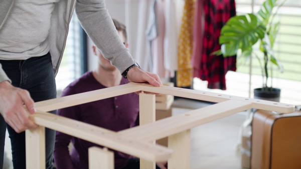 Midsection of young guys assembling furniture in new home, house sharing concept.