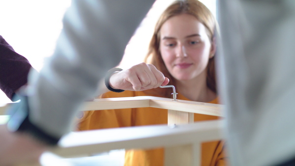 Group of young people assembling furniture in new home, house sharing concept.