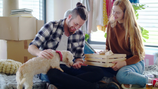 Group of cheerful young people with pet dog moving in new home, house sharing concept.