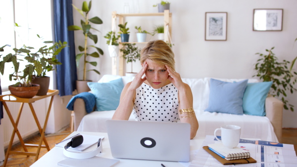 Frustrated and disappointed young businesswoman with laptop indoors in home office, working.