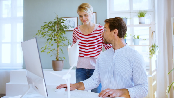 A mature businessman with partner indoors in home office, using laptop and talking.