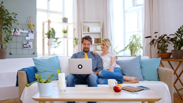 Front view of happy couple in love sitting indoors at home, using laptop.