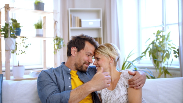 Front view of happy couple in love sitting indoors at home, hugging.