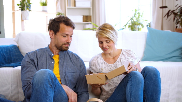 Happy couple sitting on floor indoors at home, food delivery service concept.