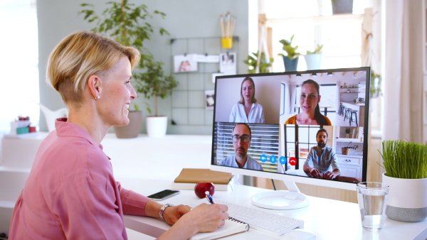 Mature businesswoman with computer working indoors in home office, business call concept.