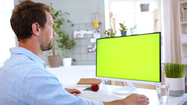 Side view of businessman with computer having video call indoors in office, keyable screen.