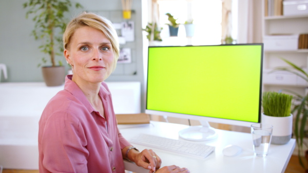 Front view of young businesswoman with laptop indoors in home office, looking at camera.