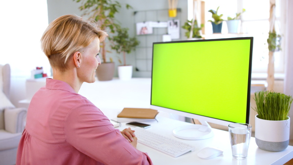 Side view of businesswoman with computer having video call indoors in office, keyable screen.