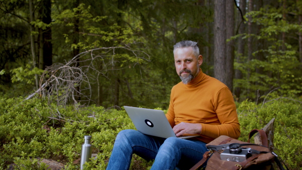 Side view of mature man using laptop in forest in nature, outdoor office concept.