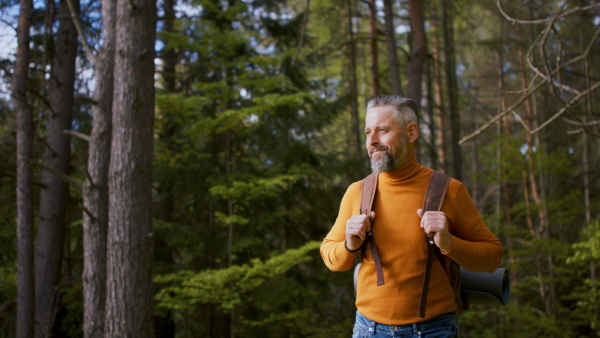 Happy mature man with backpack outdoors in forest in nature, walking. Slow motion.