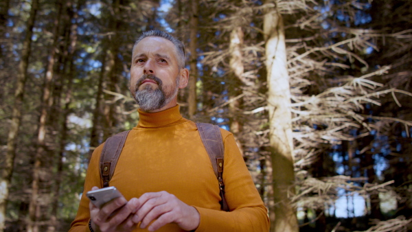 Front view of nature man with backpack and smartphone outdoors in forest in nature, looking around.