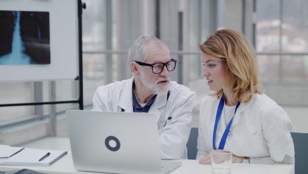 Young and old doctors with laptop at the desk discussing issues. Slow motion.