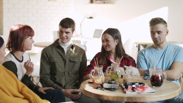 A group of young friends with pet dog sitting in cafe, talking. Slow motion.