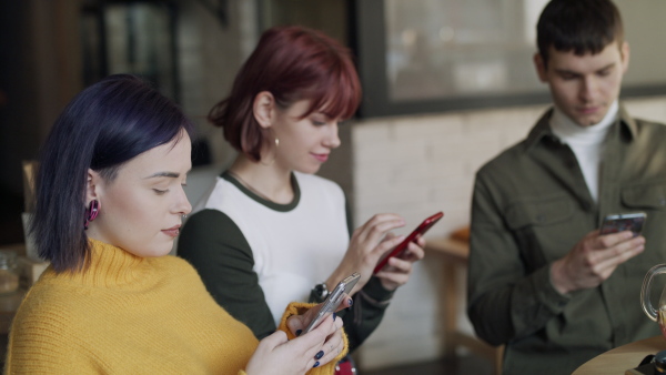 Group of occupied young friends sitting in cafe, every person using smartphone.