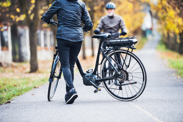 A rear view of active senior couple with helmets and electrobikes standing outdoors on a road in park.