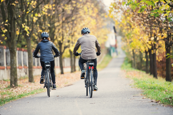 A rear view of active senior couple with electrobikes cycling outdoors on a road.