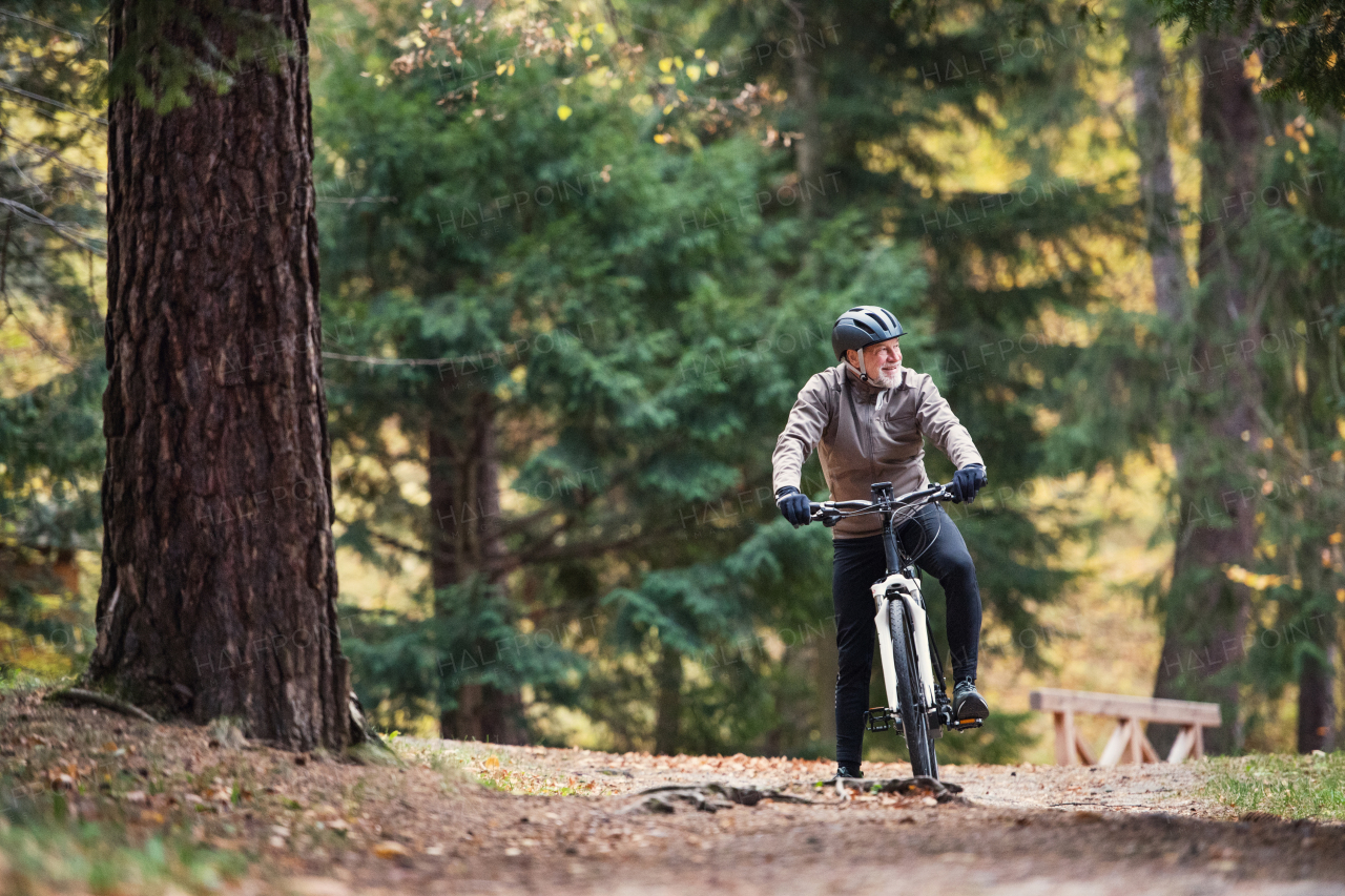 An active senior man with electrobike cycling outdoors on a road in park in autumn. Copy space.