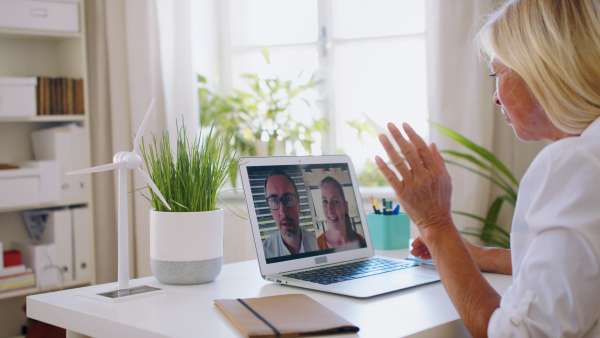 Senior businesswoman with laptop sitting indoors in home office, business call concept.