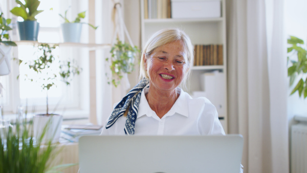 Happy senior woman with laptop indoors at home, family video call concept.