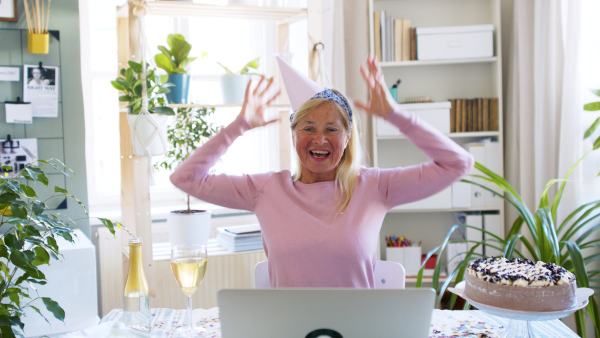 Senior woman with laptop, cake and wine indoors at home, celebrating distance birthday.