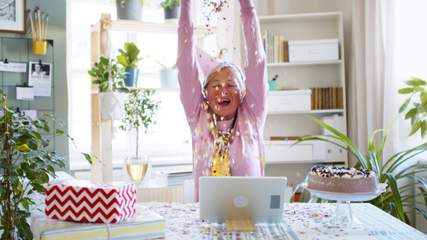 Senior woman with laptop, cake and wine indoors at home, celebrating distance birthday.