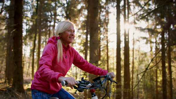 Happy active senior woman with bicycle cycling outdoors in forest in nature.