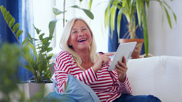 Side view of attractive senior woman with tablet sitting indoors on sofa, resting.