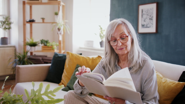 Portrait of senior woman sitting indoors on sofa at home, relaxing and reading book.