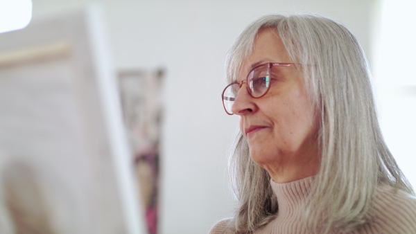 Senior woman with palette painting pictures on canvas in art class.