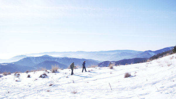 Rear view of senior couple with nordic walking poles hiking in snow-covered winter nature, healthy lifestyle concept.