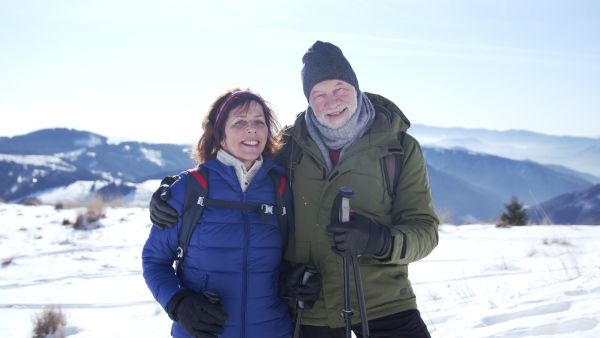 Senior couple hikers with nordic walking poles in snow-covered winter nature, looking at camera.